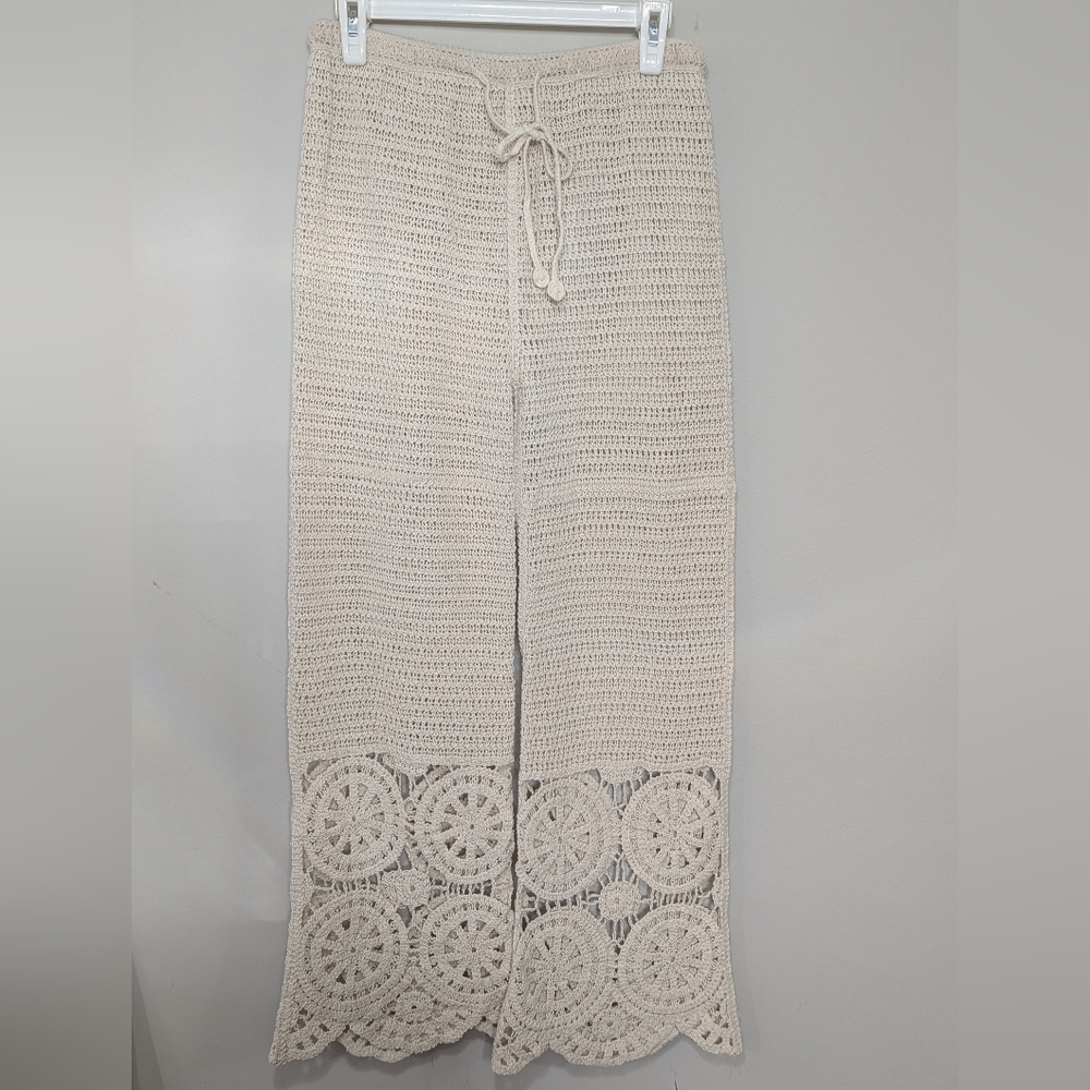Beachy Cream Crochet Lace Pants Women's Size Medium Boho Tropical Solitaire - Picture 3 of 14
